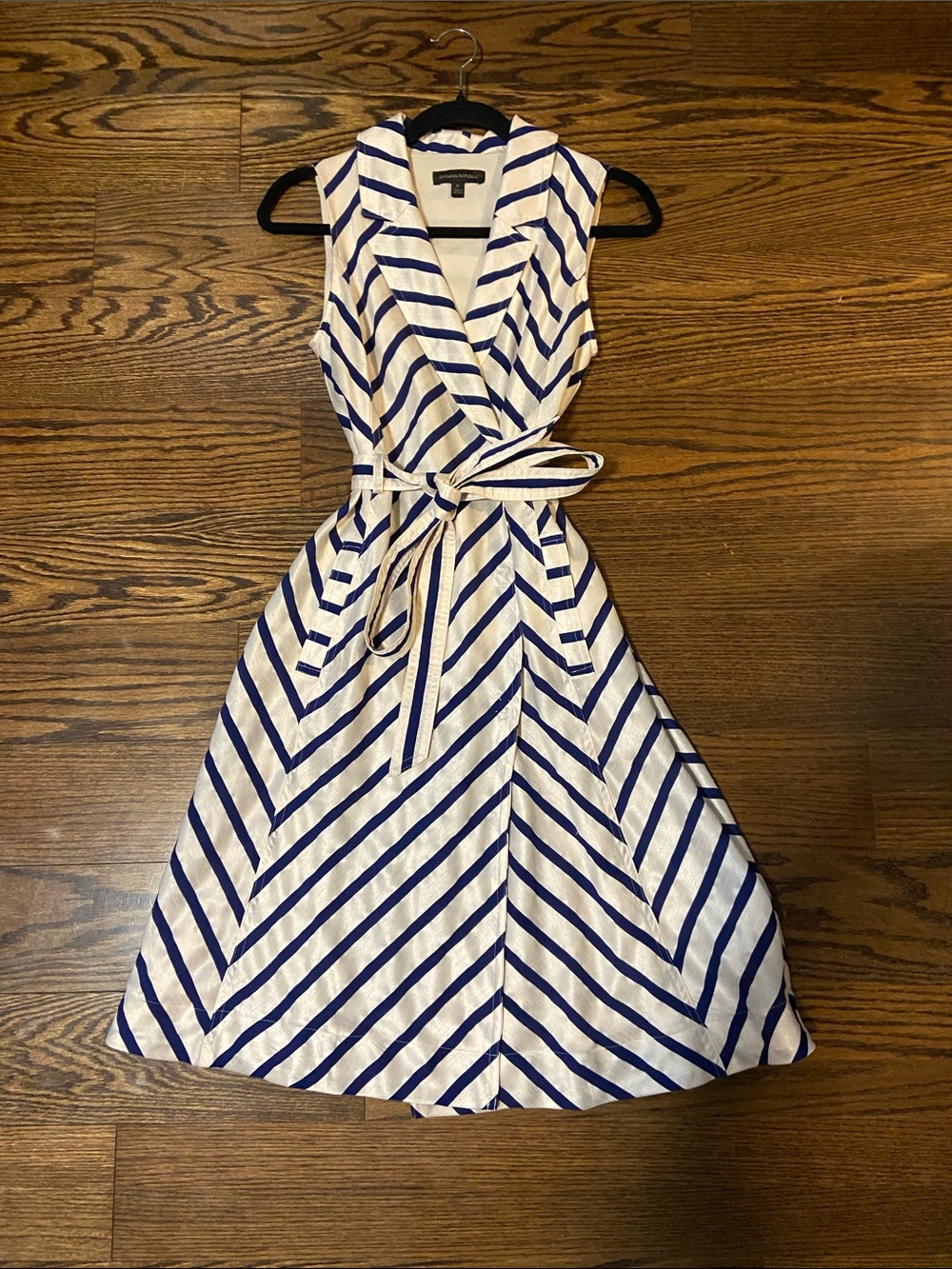 Banana Republic White and Navy Striped Sleeveless Midi Wrap Dress
